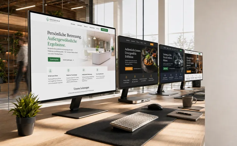 Reihe von Bildschirmen mit verschiedenen Websites in einem hellen Büro