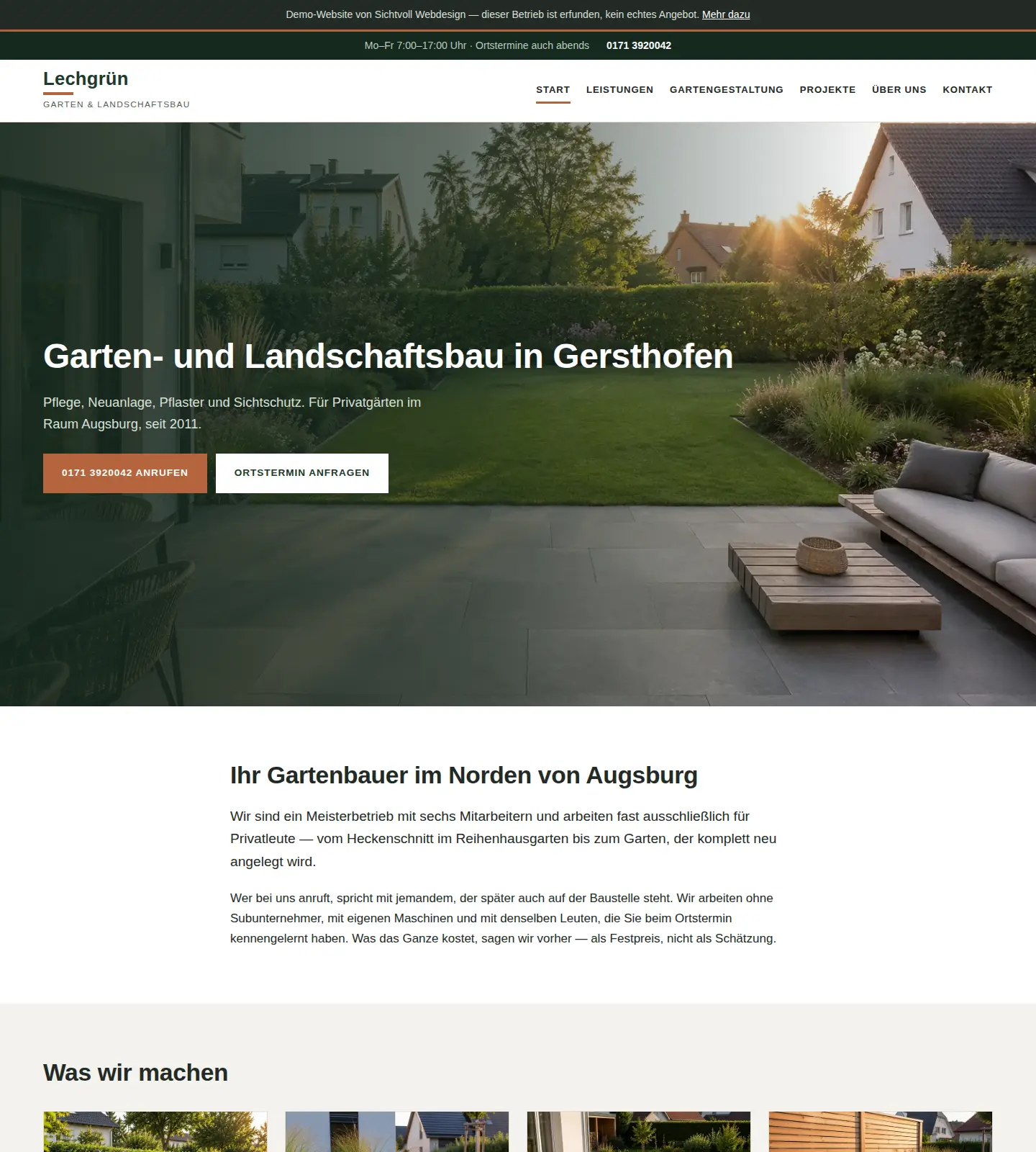 Startseite eines Garten- und Landschaftsbaubetriebs mit angelegtem Garten