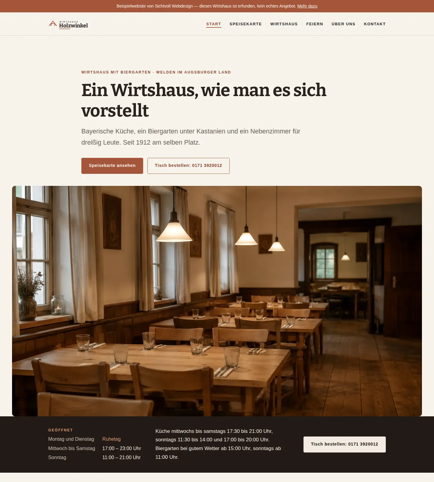 Startseite eines Wirtshauses mit Gastraum, Speisekarte und Öffnungszeiten