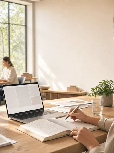 Beratungsgespräch an einem hellen Tisch, daneben ein aufgeklappter Laptop