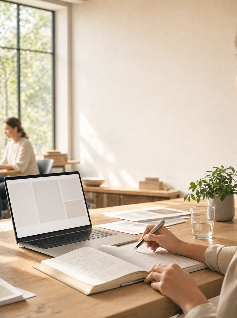 Beratungsgespräch an einem hellen Tisch, daneben ein aufgeklappter Laptop