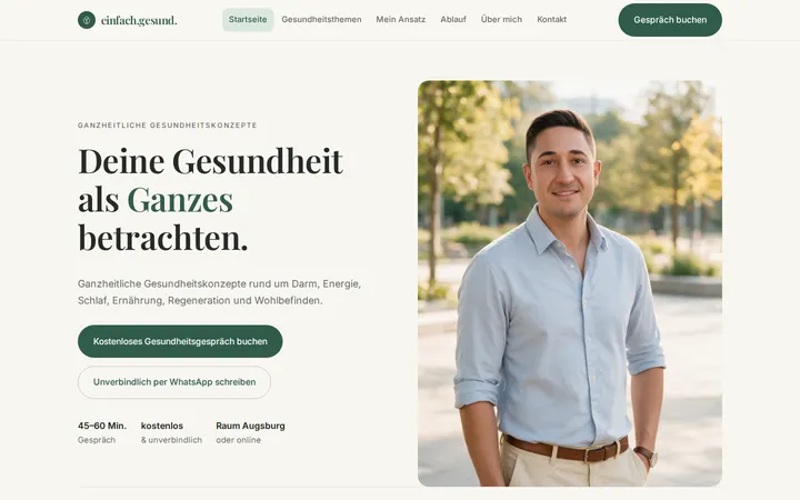 Startseite von einfachgesund-gk.de: Überschrift, Foto und zwei Knöpfe für das Erstgespräch